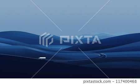 A minimalist scene of a truck driving on a winding road through dark blue rolling hills, elegant background with space for text A minimalist scene of a truck driving on a winding road through dark blue rolling hills, elegant background with space for text 117400468