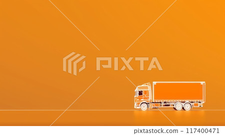 A minimalist orange background with a thin white line drawing of a truck along the bottom edge 117400471