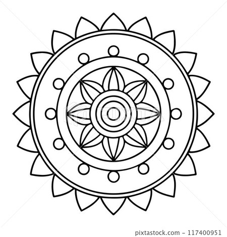 Hand-drawn mandala in vector format. A vibrantly decorated mandala. Separate flower decoration with a tribal theme. An anti stress coloring page for a coloring book.  117400951