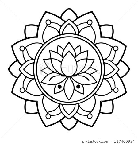 Hand-drawn mandala in vector format. A vibrantly decorated mandala. Separate flower decoration with a tribal theme. An anti stress coloring page for a coloring book. Hand-drawn mandala in vector format. A vibrantly decorated mandala. Separate flower decoration with a tribal theme. An anti stress coloring page for a coloring book. 117400954