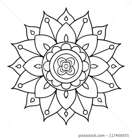 Hand-drawn mandala in vector format. A vibrantly decorated mandala. Separate flower decoration with a tribal theme. An anti stress coloring page for a coloring book. Hand-drawn mandala in vector format. A vibrantly decorated mandala. Separate flower decoration with a tribal theme. An anti stress coloring page for a coloring book. 117400955