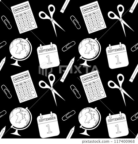 Seamless back to school pattern, school supplies, office items. The background is suitable for printing on fabric and paper for the first of September. Seamless back to school pattern, school supplies, office items. The background is suitable for printing on fabric and paper for the first of September. 117400968
