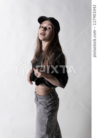 face hair lady white background model young person hand look beauty cap modern portrait beautiful 117401042