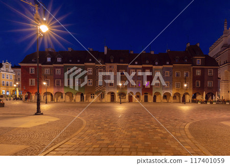 Facades of old multi-colored houses on the Town Hall Square in Poznan at dawn Facades of old multi-colored houses on the Town Hall Square in Poznan at dawn 117401059