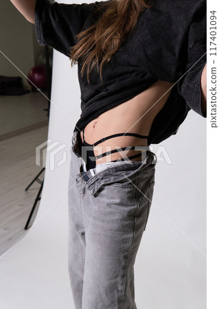 hair lady person model beauty portrait cap white look background face hand underpants 117401094