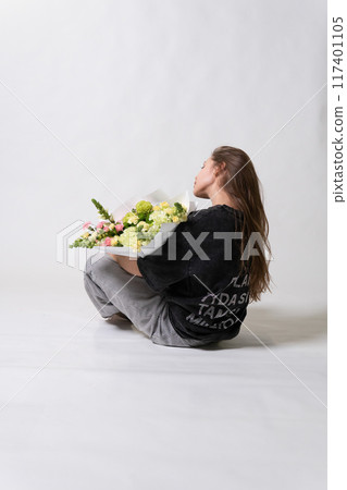 beautiful natural fresh bouquet girl jeans hair day female happy smile white model fashion romantic beautiful natural fresh bouquet girl jeans hair day female happy smile white model fashion romantic 117401105