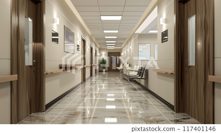 Modern interior of luxury clinic hallway, clean marble floor and wood finish in office or hospital, hall with beige brown design. Concept of business, building, company 117401146