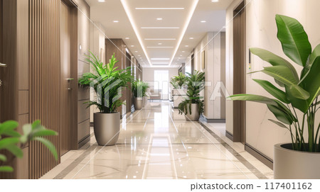 Modern interior of luxury clinic hallway, clean marble floor and wood finish in office or hospital, hall with brown design and plants. Concept of business, company 117401162
