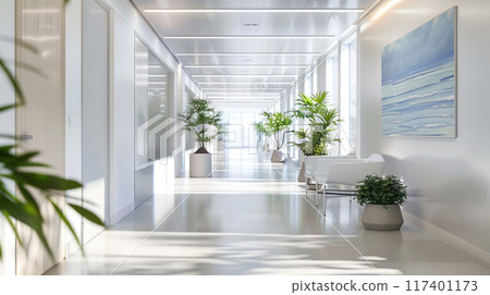Inside empty clinic hall with green plants and white walls, luxury interior of modern hospital, shiny tiled floor. Concept of design, office, space. 117401173