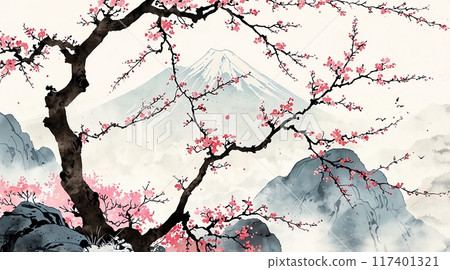 新年賀卡_素材_水墨背景_日本櫻花山水_09 新年賀卡_素材_水墨背景_日本櫻花山水_09 117401321