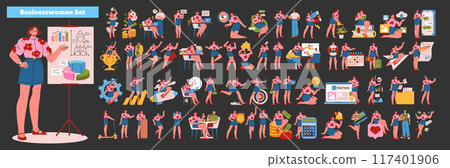 Businesswoman set. Diverse professional and personal activities of a young female professional. Presentation delivery, office work, goal achievement. Vector illustration. 117401906