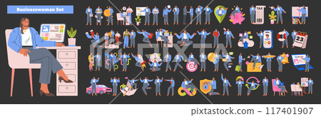 Businesswoman set. Diverse work situations and daily activities illustrated. Office life, leadership, multitasking, and goal achievement. Vector illustration. 117401907