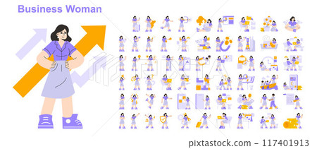 Businesswoman set. Diverse professional scenarios showcasing ambition and confidence. Corporate leadership, finance management, multitasking. Vector illustration. Businesswoman set. Diverse professional scenarios showcasing ambition and confidence. Corporate leadership, finance management, multitasking. Vector illustration. 117401913