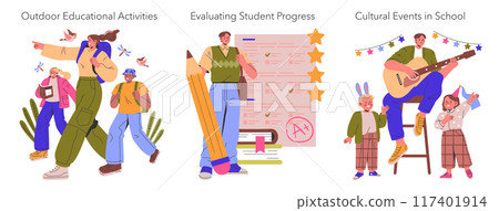 Teachers' Profession set. Showcasing outdoor learning, evaluation techniques, and school events. Dynamic education environment, performance assessment, and celebrating milestones. Vector illustration. 117401914