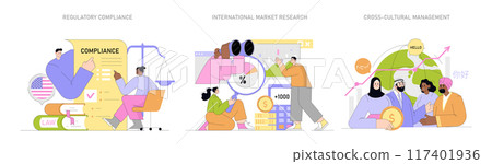 Global market expansion set. Illustrations depict compliance, market research, and cross-cultural team interactions. Captures nuances of international business dynamics. Vector illustration. Global market expansion set. Illustrations depict compliance, market research, and cross-cultural team interactions. Captures nuances of international business dynamics. Vector illustration. 117401936