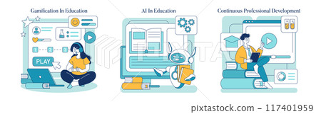 Education Trends set. Engaging gaming elements in learning, AI's role in modern education, ongoing skills development. Vector illustration. 117401959