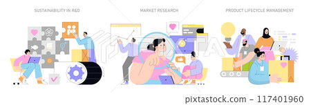 Innovation and R D set. Exploring sustainable research, market analysis, and product life cycle management. Teamwork in technology development. Vector illustration. 117401960