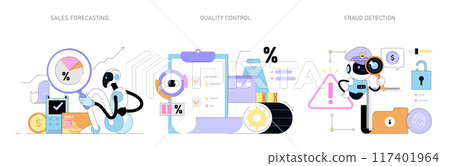 Artificial Intelligence Business set. AI robots perform sales forecasting, quality control, and fraud detection. Corporate automation process. Vector illustration. Artificial Intelligence Business set. AI robots perform sales forecasting, quality control, and fraud detection. Corporate automation process. Vector illustration. 117401964