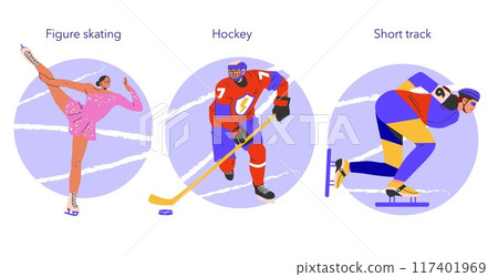 Winter sports set. Athletes in figure skating, hockey, and short track speed skating. Dynamic poses and athletic attire. Vector illustration. 117401969