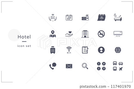 與飯店和旅館相關的資訊和設施的圖示集 117401970