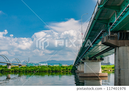 Road bridge over the Yodo River: Hirakata Ohashi Water Pipe Bridge 117401976