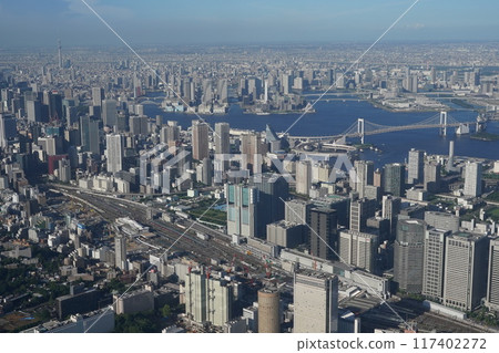 [Aerial view] Rainbow Bridge and Tokyo Skytree seen from above the JR Yamanote Line Shinagawa area 117402272