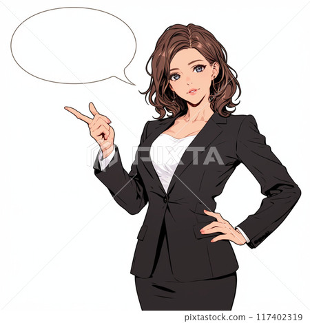 A woman in a suit giving an explanation and a speech bubble 117402319