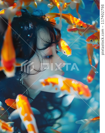 感性的亞洲女人養金魚與夢幻般的海底世界和諧相處 117402798