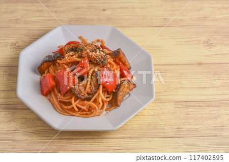Eggplant and paprika pasta in tomato sauce Eggplant and paprika pasta in tomato sauce 117402895