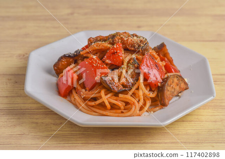 Eggplant and paprika pasta in tomato sauce Eggplant and paprika pasta in tomato sauce 117402898