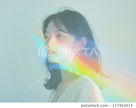 Asian woman wearing rainbow light 117403014