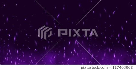 Purple flame with sparks, fire with flying cinder, abstract glowing embers, heat sparkles. 117403068