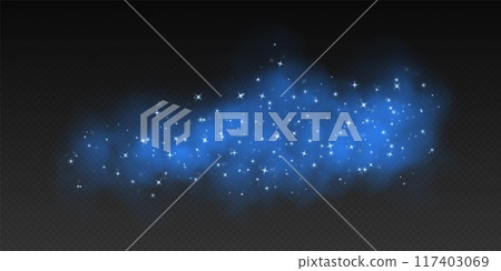 Blue magic smoke with stars and sparkles, fog with glowing particles, colorful vapor with star dust. Blue magic smoke with stars and sparkles, fog with glowing particles, colorful vapor with star dust. 117403069