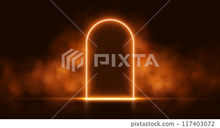 Neon door with smoke, orange glowing portal, futuristic arch gate, magic border with vapor. 117403072