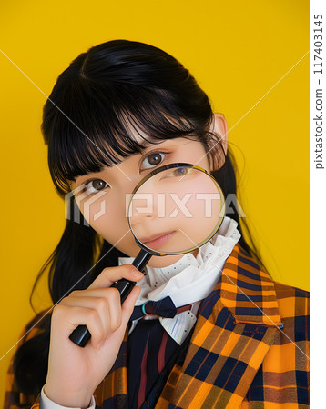 Asian woman holding a magnifying glass 117403145