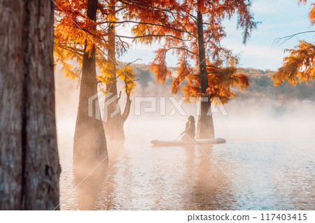 Silhouette of woman on stand up paddle board at lake with morning fog and fall trees Silhouette of woman on stand up paddle board at lake with morning fog and fall trees 117403415