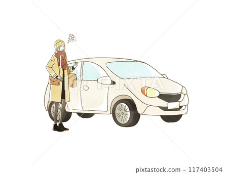 A woman with a troubled expression traveling by car in winter 117403504
