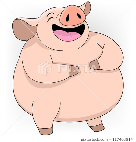 pink fat pig is walking and laughing 117403814