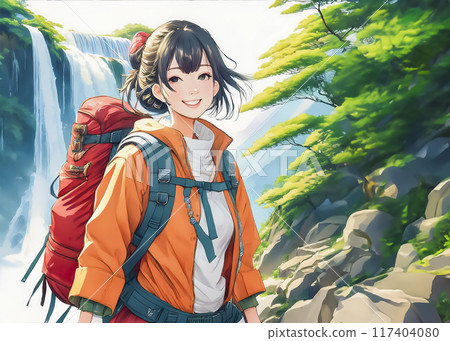 Illustration material of a young woman enjoying trekking Illustration material of a young woman enjoying trekking 117404080