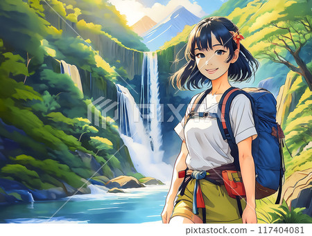 Illustration material of a young woman enjoying trekking Illustration material of a young woman enjoying trekking 117404081