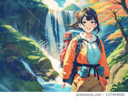 Illustration material of a young woman enjoying trekking Illustration material of a young woman enjoying trekking 117404082