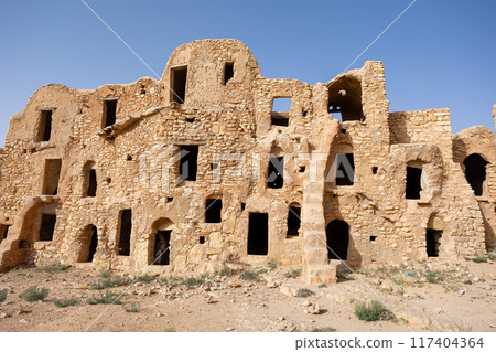 Uninhabited fortified village with houses and granaries, Tunisia. Ksar of Mgabla, Berber, Tataouine. 117404364