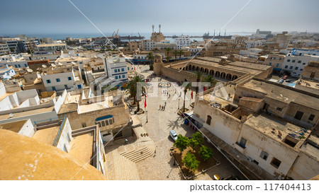 View of city coastal area from Ribat tower in Sousse, Tunisia 117404413