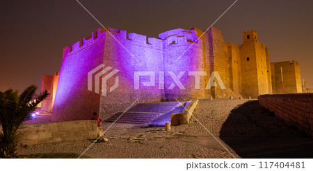 Beautiful view of ancient Ribat fortress in evening. Tunisia, Monastir. Mediterranean Sea Beautiful view of ancient Ribat fortress in evening. Tunisia, Monastir. Mediterranean Sea 117404481