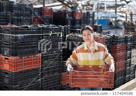 Asian woman stacking empty boxes at backyard of farm Asian woman stacking empty boxes at backyard of farm 117404586