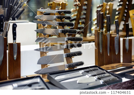 Damascus steel knives in showcase 117404631