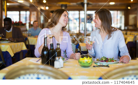 Two happy girlfriends at dinner in restaurant Two happy girlfriends at dinner in restaurant 117404645