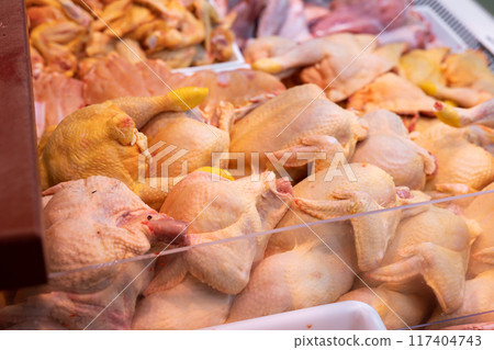 Whole chicken in fresh poultry department Whole chicken in fresh poultry department 117404743