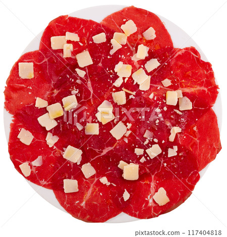 Sliced beef carpaccio served on platter 117404818