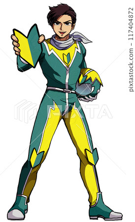 Anime illustration of a passionate novice hero holding a green leaf mark in his hand 117404872